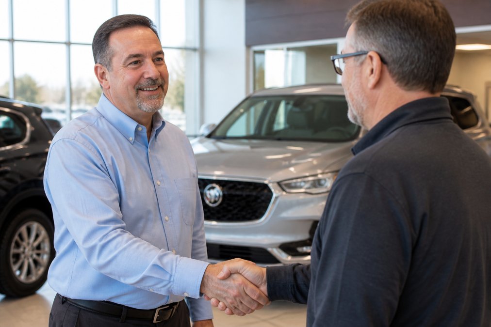 A friendly sales professional in a button-down shirt shaking hands with a customer in a bright Buick GMC dealership showroom, with a new SUV visible in the background