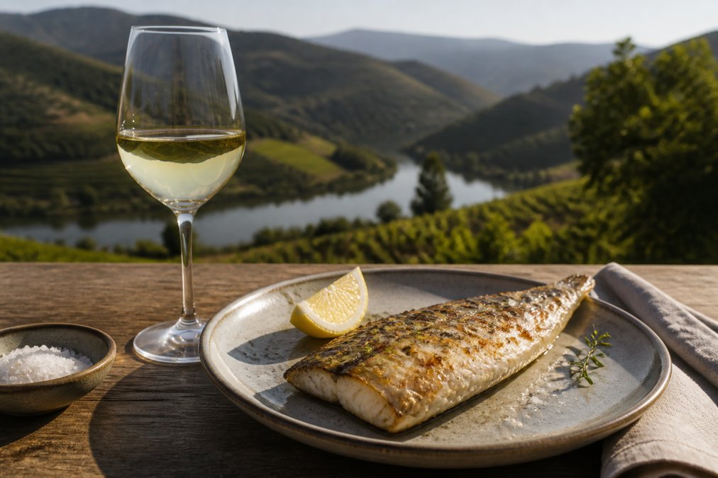 A glass of pale dry white wine on a wooden table next to a fresh grilled fish fillet with lemon and sea salt, soft natural light highlighting the wine's pale golden color
