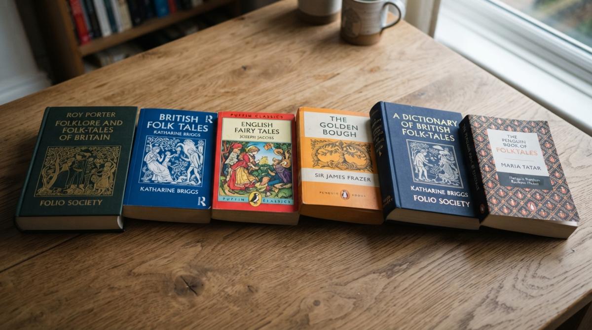 Flat-lay arrangement of folklore books from different publishers spread across a wooden table, showing varied cover designs and spine colours with natural window lighting