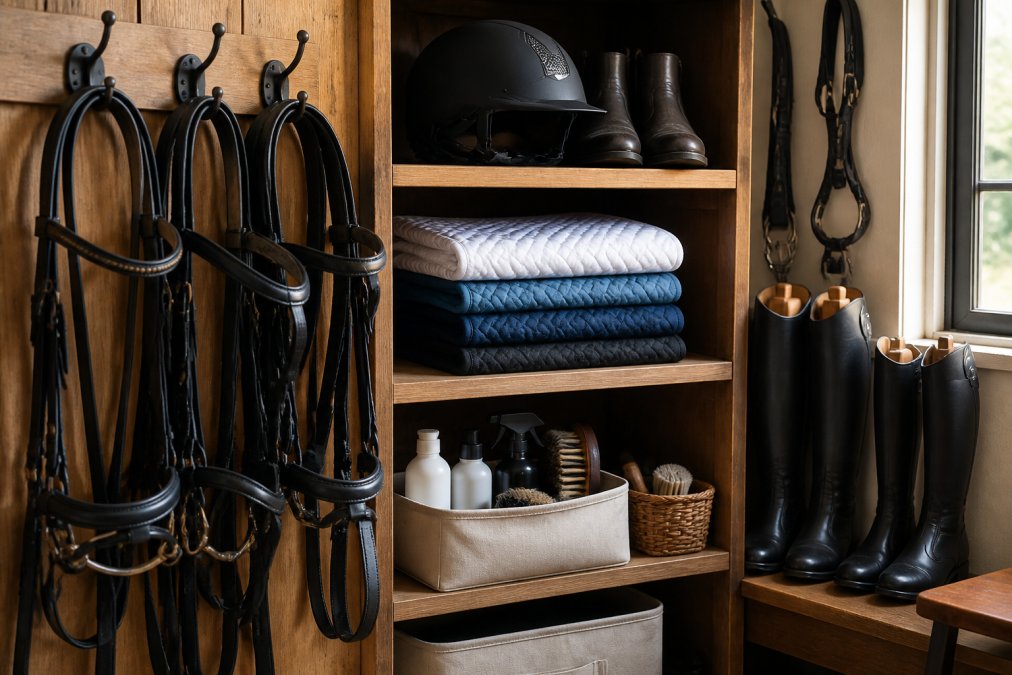 Close-up of a well-organized tack room shelf with bridles hanging from hooks, saddle pads folded neatly, grooming supplies in containers, and riding boots stored upright, natural window lighting