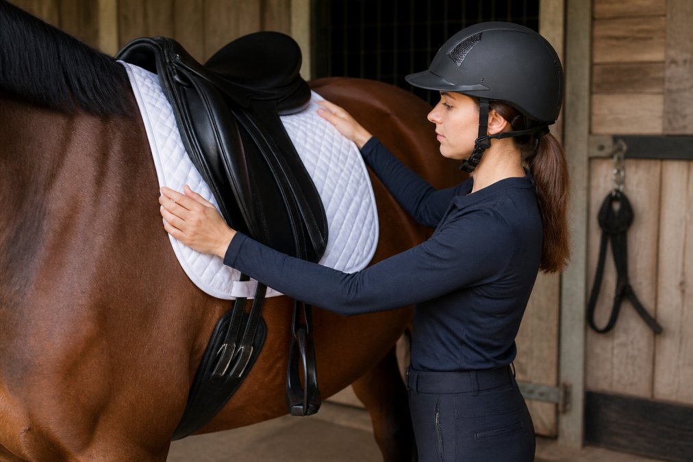 Rider in riding helmet and tall boots checking saddle pad fit and equipment quality before mounting for a schooling ride, adjusting the bridle with focused attention to detail