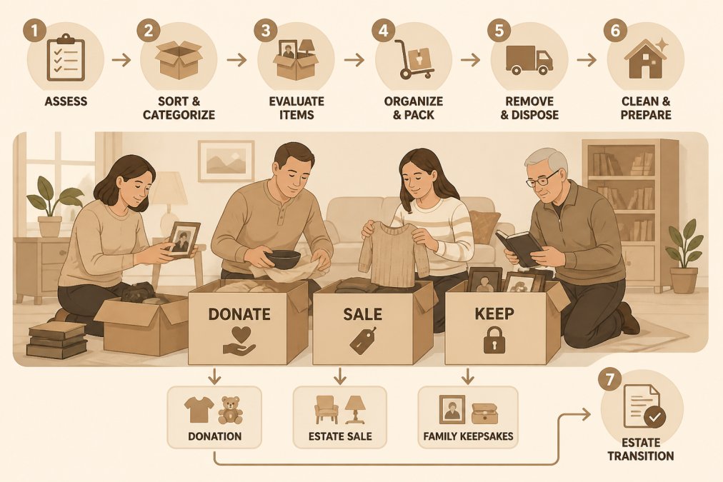 Adult children and family members sorting through household items in a home, with boxes labeled for donation, sale, and keep, showing the organized process of estate transition