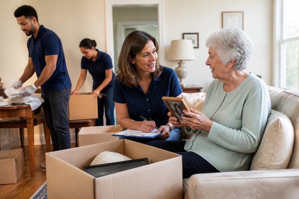 Professional moving crew carefully packing and organizing belongings in a senior's home, with compassionate staff member consulting with an elderly client about what to keep