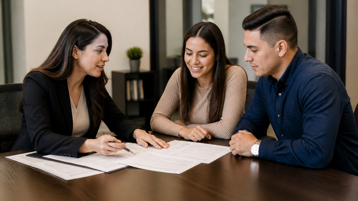 First-time homebuyer meeting with mortgage lender at desk in modern office, reviewing loan documents and discussing down payment assistance options with professional