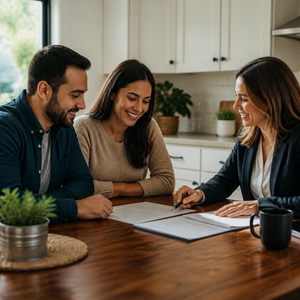 A young couple sitting at a kitchen table reviewing paperwork and a laptop with a real estate agent, warm natural light, hopeful expressions