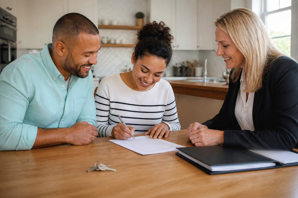 Young family signing documents at a kitchen table with a realtor, smiling and looking relieved, with a house key visible on the table
