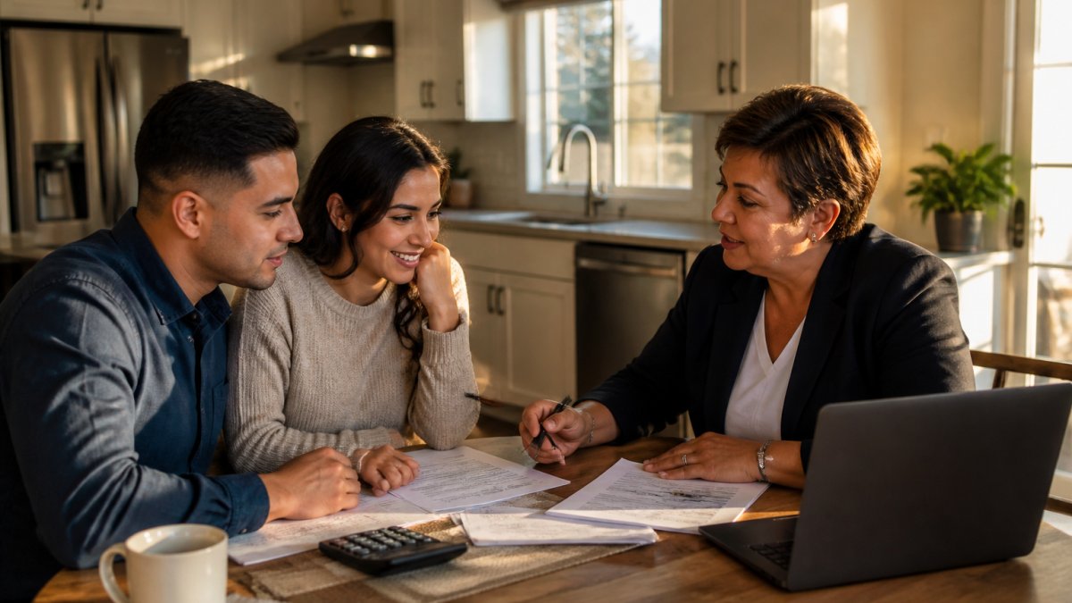 A first-time homebuyer couple sitting at a kitchen table with a lender, reviewing loan documents and a calculator, with a laptop showing a mortgage application open