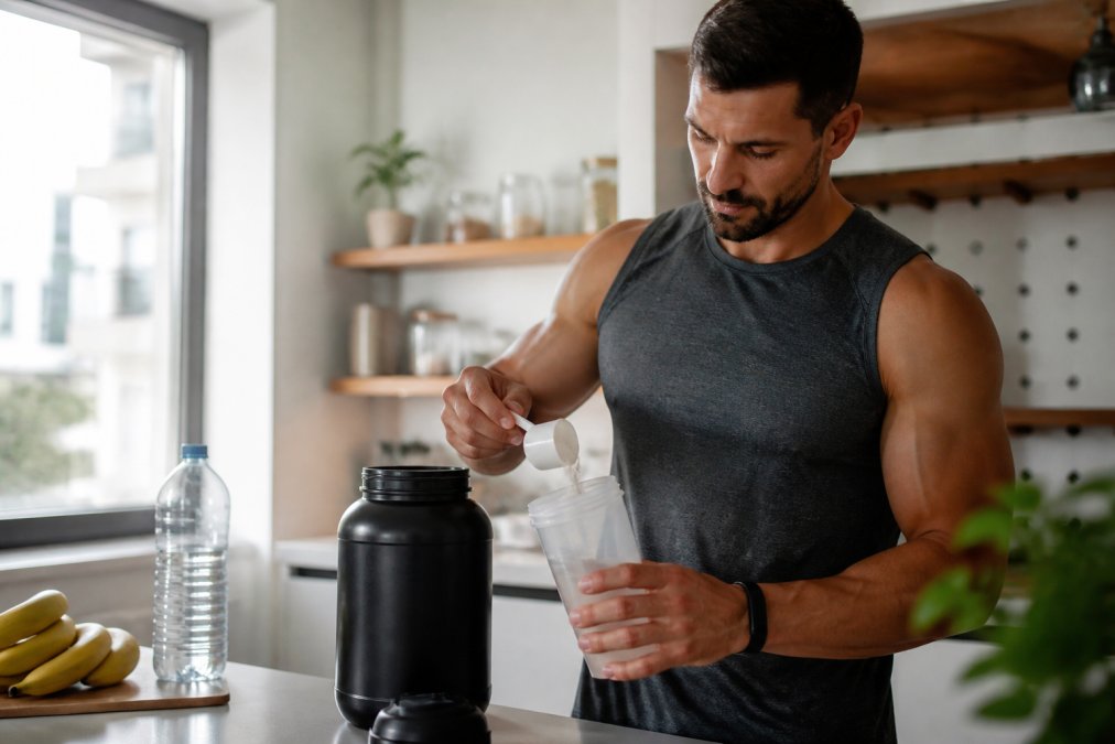 Active person mixing supplement powder in a shaker bottle during morning workout preparation, with natural lighting from a window