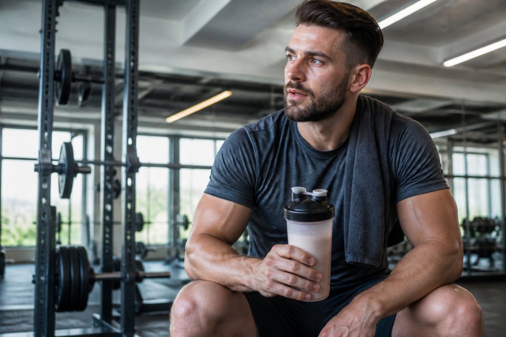 Athlete holding a protein shake after intense training session, looking refreshed and focused on recovery, in a bright modern gym setting