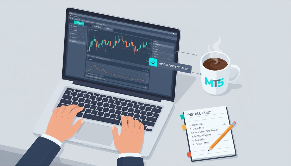 Close-up of hands on a laptop keyboard with the MetaTrader 5 platform visible on screen, a coffee mug and notepad in the background on a clean wooden desk, warm natural light from a nearby window