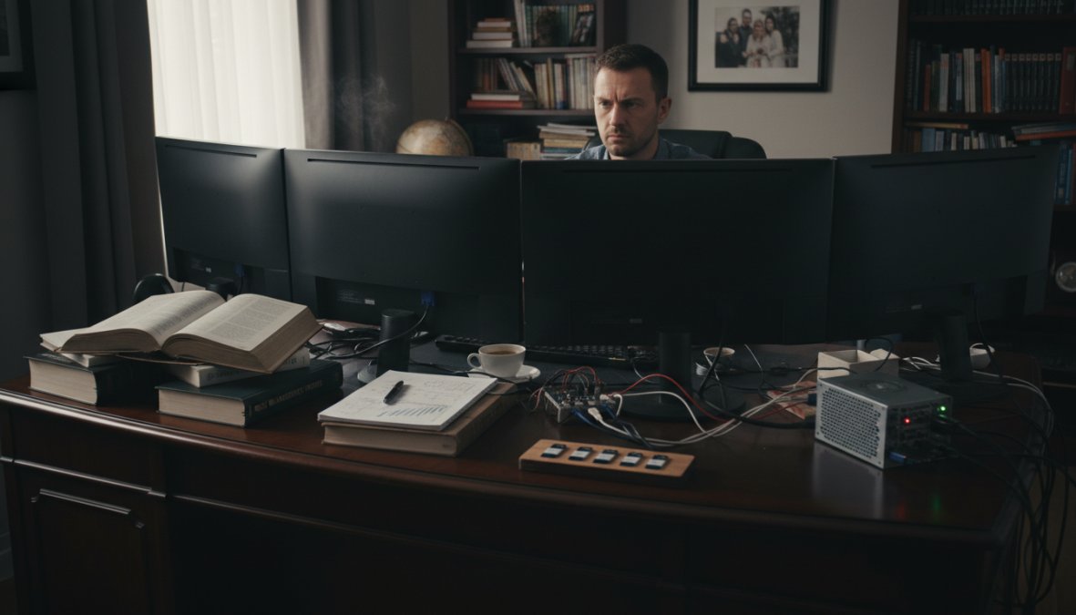 A focused trader sitting at a multi-monitor trading desk reviewing live Forex charts on screen, serious and attentive expression, dimly lit home office with city lights visible through a window in the background
