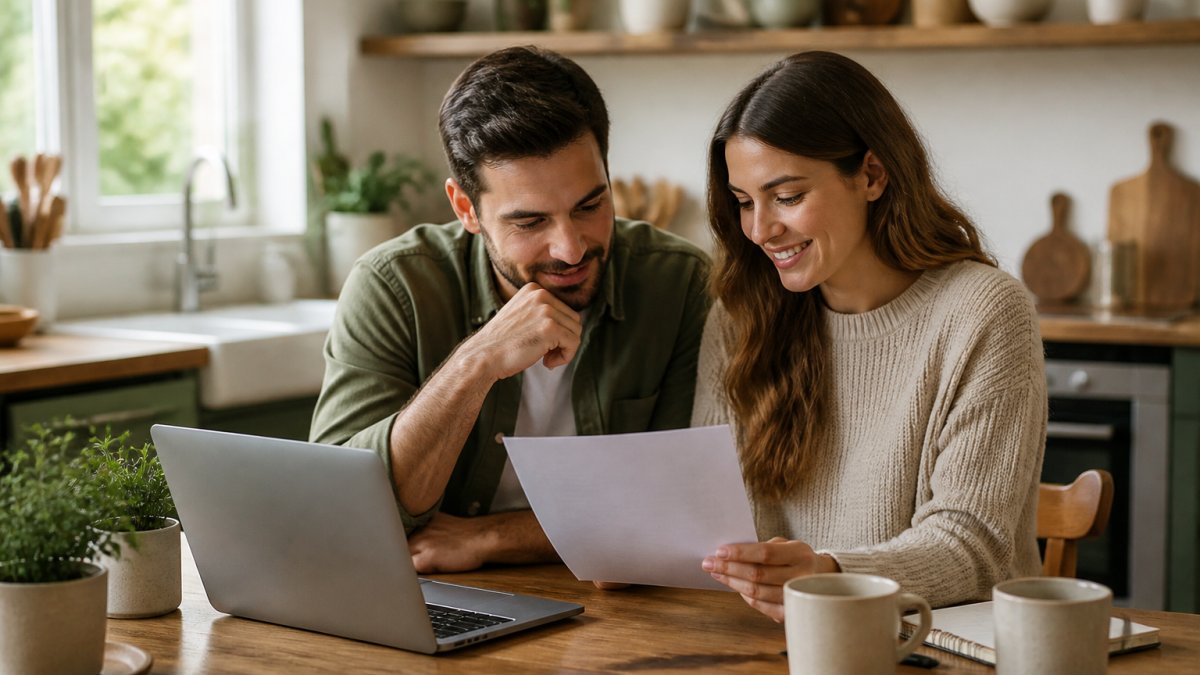 An engaged couple sitting at a kitchen table with a laptop open, reviewing a wedding planning document together, notebooks and coffee mugs nearby in warm afternoon light