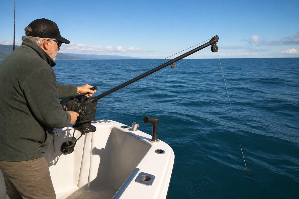 Modern electric downrigger mounted on saltwater fishing boat with cable extending at visible angle into deep blue water, boom positioned at working angle, angler adjusting depth settings