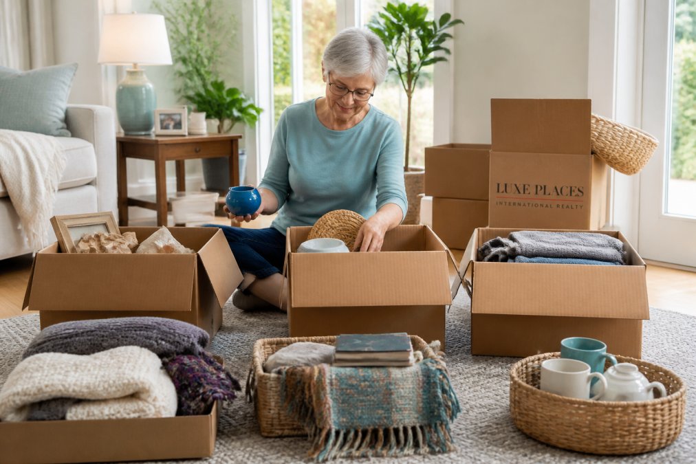 Senior woman sorting through boxes of household items and belongings in a bright living room, with organized piles on the floor labeled keep, donate, and sell