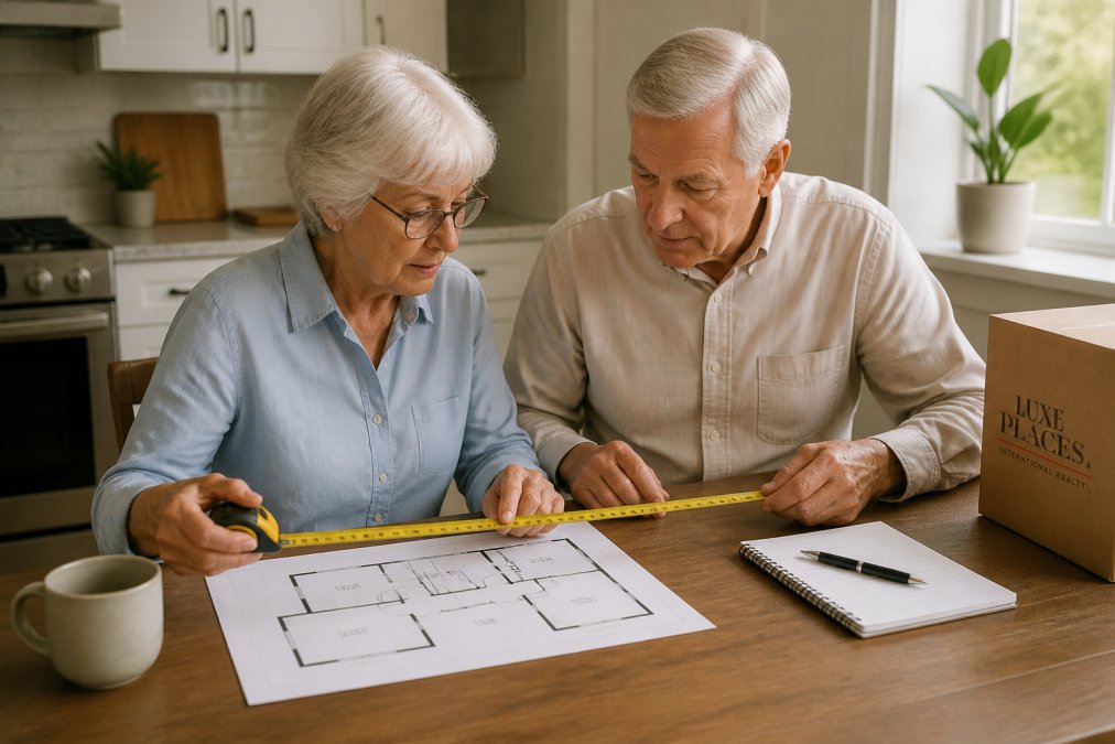 Older couple measuring furniture with a tape measure while reviewing a floor plan printout on a kitchen table, with a notebook and pen nearby