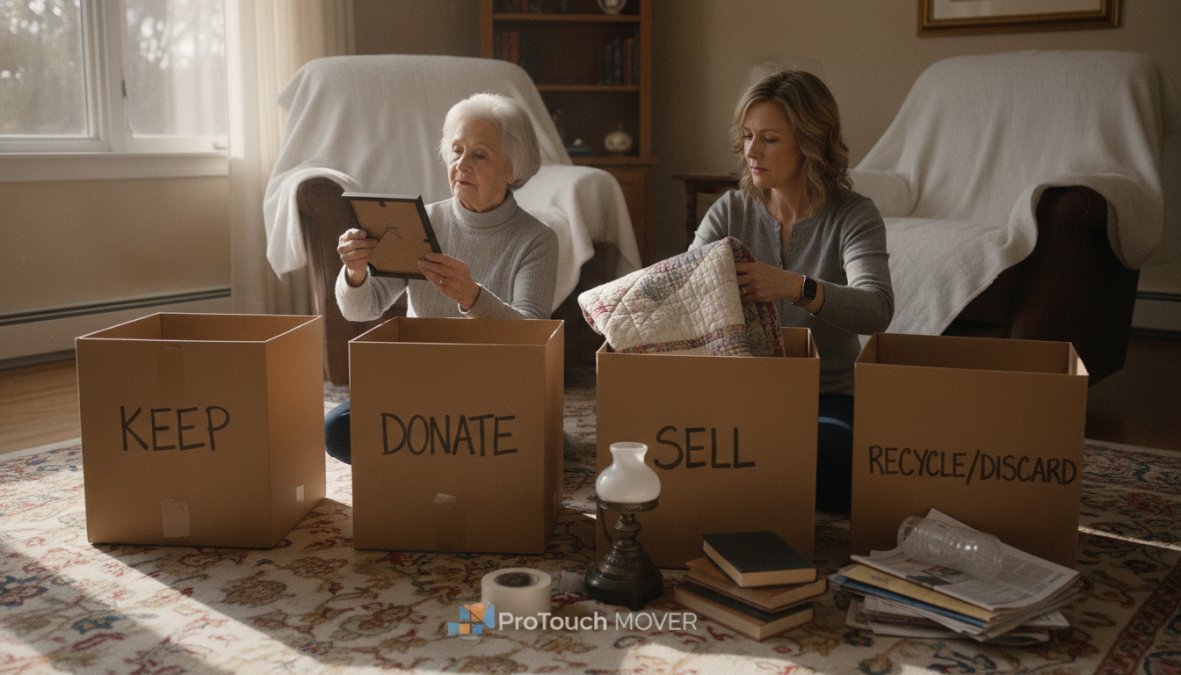 Downsizing to Assisted Living: 7 Essential Tips 1 Senior person organizing household items into four labeled boxes in a bright living room, carefully sorting through decades of belongings with focused concentration
