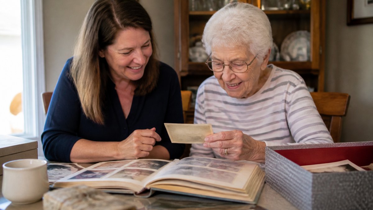 Step-by-step guide for downsizing to assisted living by sorting through family photos and belongings together.
