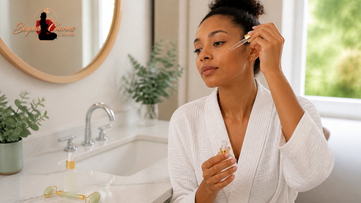Woman applying hydrating serum to her face as part of her downtime for medical spa treatments in a bright bathroom
