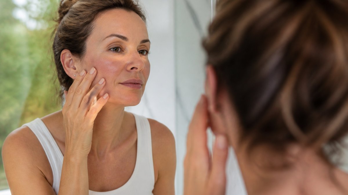 A woman in her forties examining her face in a bathroom mirror in soft natural light, checking for mild swelling after a cosmetic treatment, calm and relaxed expression