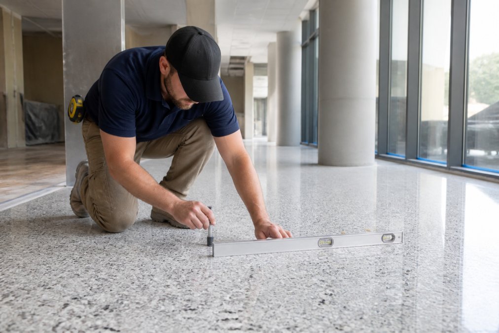 Professional flooring contractor in work attire carefully examining a terrazzo floor surface during site assessment, using precision measuring tools and inspecting substrate condition in bright commercial setting
