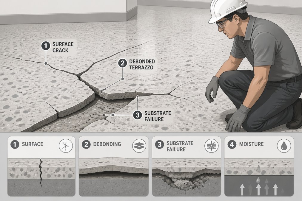 Close-up of a cracked terrazzo floor showing visible substrate failure and damage patterns, with professional contractor in work attire examining the damage surface for assessment in natural lighting
