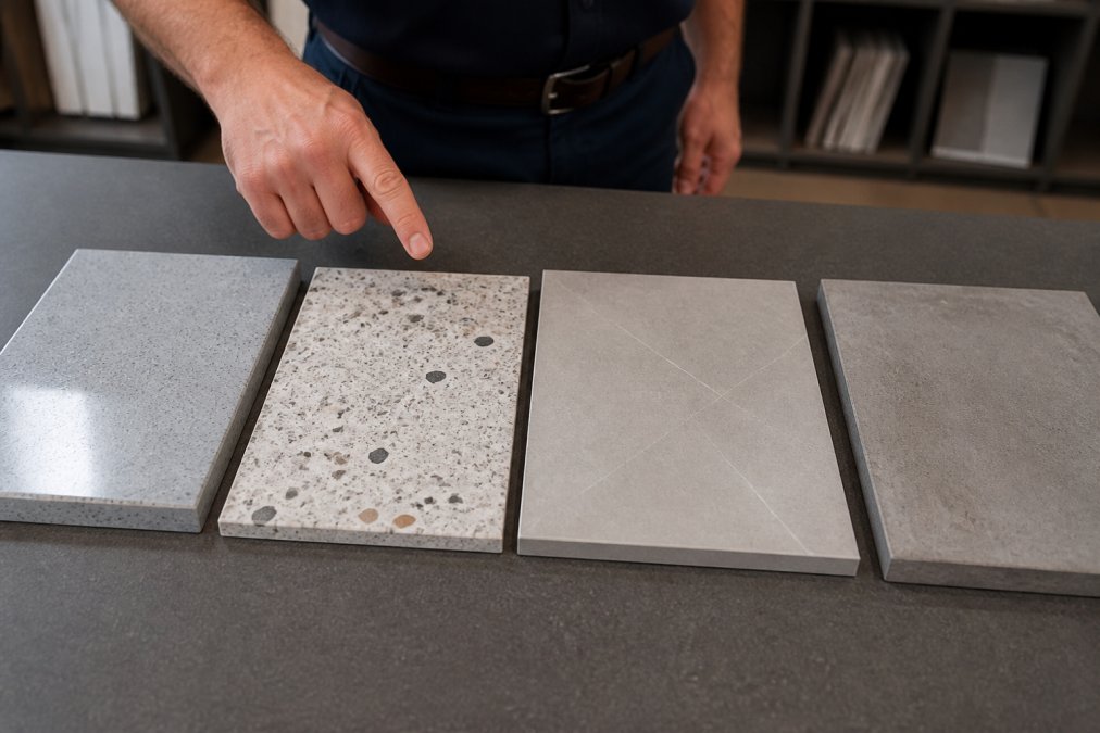 A contractor's hand pointing to four different commercial flooring samples on a showroom table: a glossy epoxy swatch, a cementitious terrazzo chip board, a large-format porcelain tile, and a polished concrete block, under bright overhead lighting