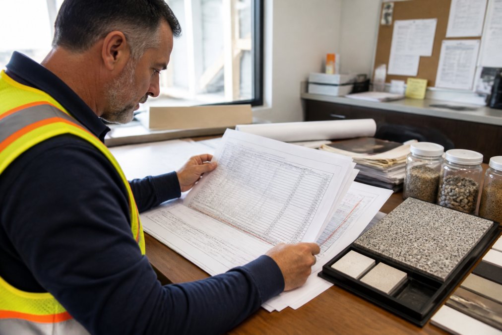 Facility manager reviewing detailed terrazzo installation specifications and project timeline documents at a construction site office desk with samples of aggregate and finishes visible