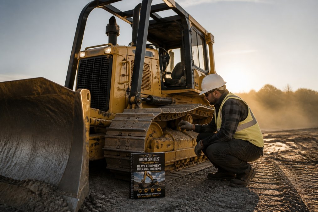 Operator performing a pre-operation walkaround inspection around a bulldozer on a construction site, carefully checking tracks and undercarriage components in morning light