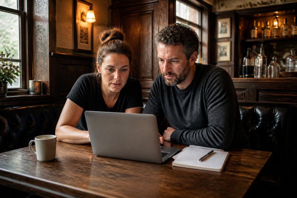 Pub landlord and supervisor using a laptop to review a DPS compliance training process infographic.