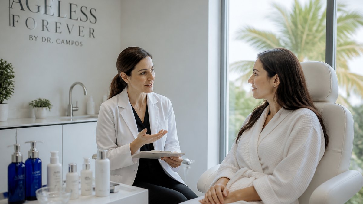 Skincare professional explaining a facial treatment plan to a patient in a bright, modern clinic room