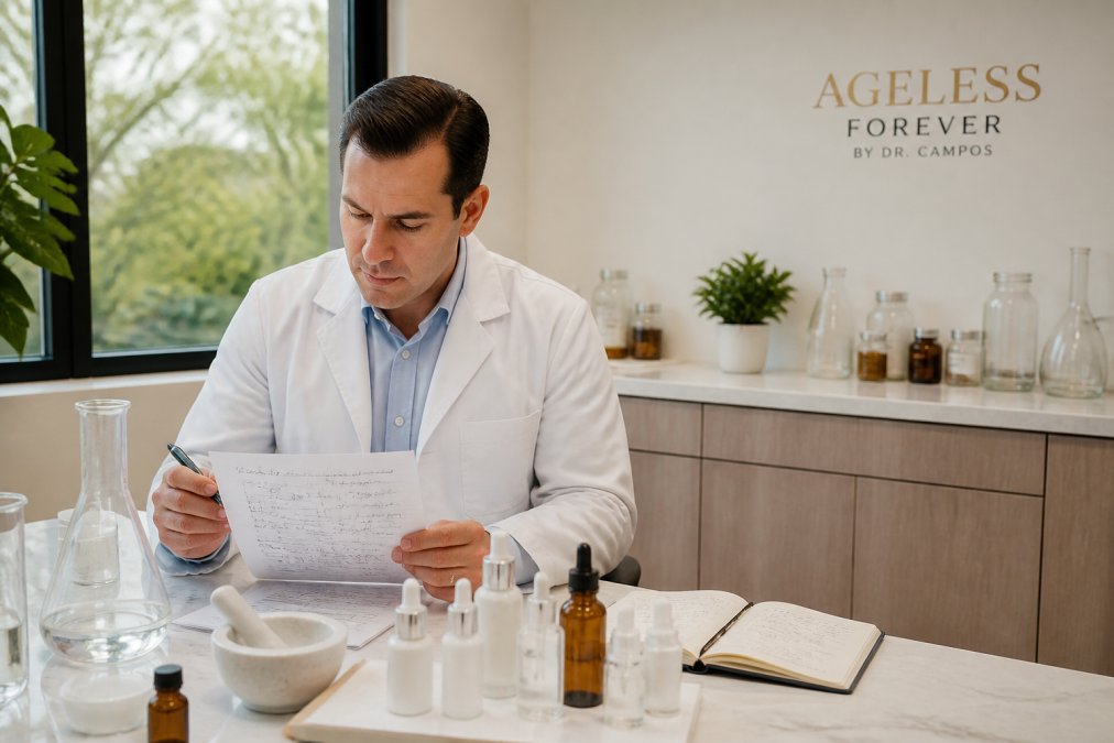Skincare professional in a white coat reviewing product formulation notes at a bright clinical desk