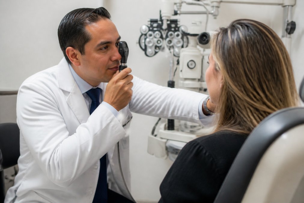 Dr. Sepulveda in a modern clinical examination room wearing professional medical attire, demonstrating patient care with advanced ophthalmological diagnostic equipment visible in the background, natural lighting from clinical setting