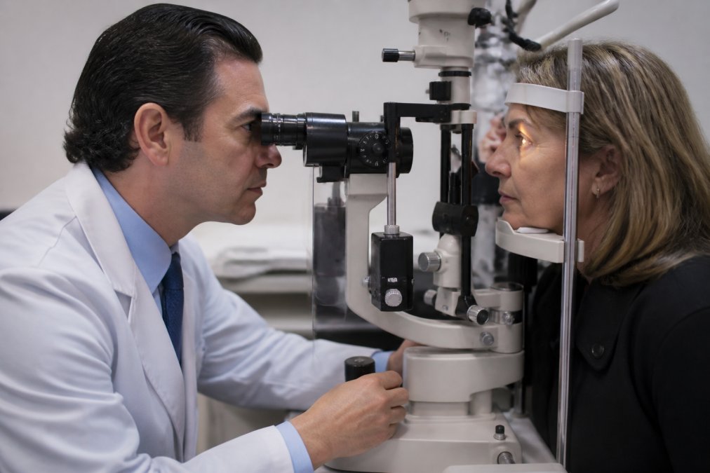 Close-up of Dr. Sepulveda performing a detailed eye examination using advanced diagnostic equipment in a modern clinical setting with specialized lighting, demonstrating the technology used for comprehensive vision assessment
