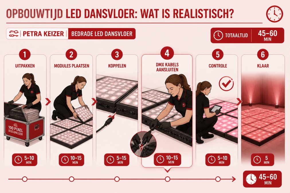Petra Keizer demonstrating the installation of a wired LED dance floor module, carefully connecting DMX cables with precision, showing the systematic setup process with modules arranged on a flat surface