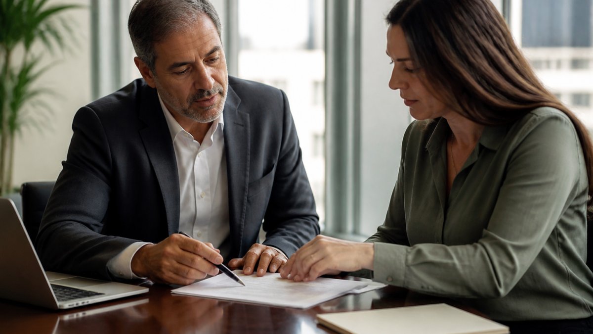 Two professionals, a lawyer and a business owner, reviewing a commercial lease document at a conference table in a bright office, with a laptop and notepad visible