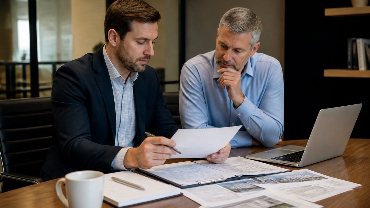 Two real estate investors reviewing a partnership agreement at a conference table with a laptop and documents spread out, warm office lighting