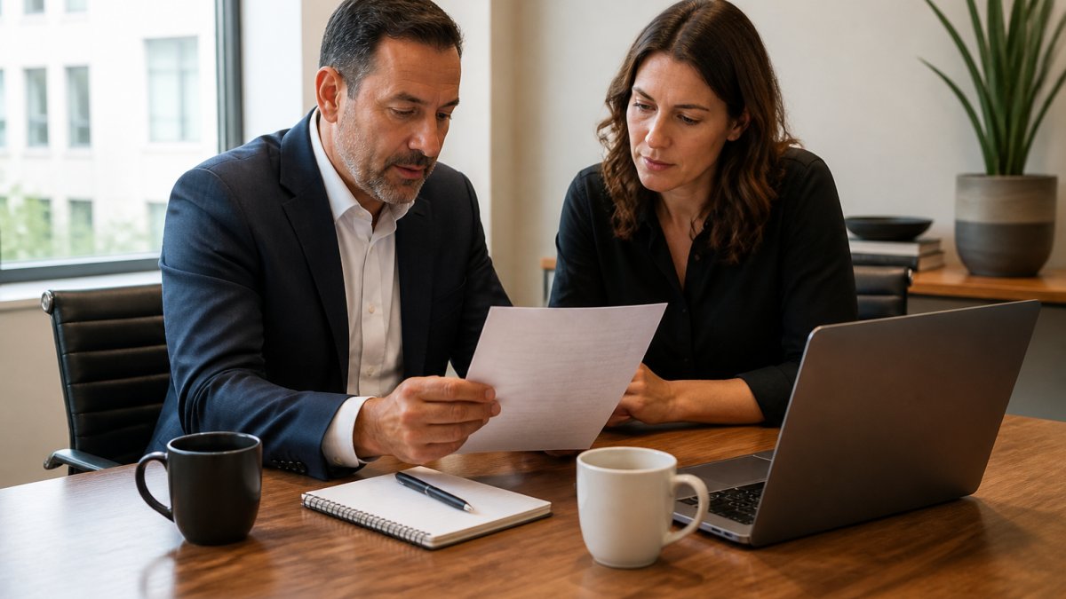 Two business partners reviewing a legal document at a wooden conference table with a laptop, notepad, and coffee cups nearby in a bright office