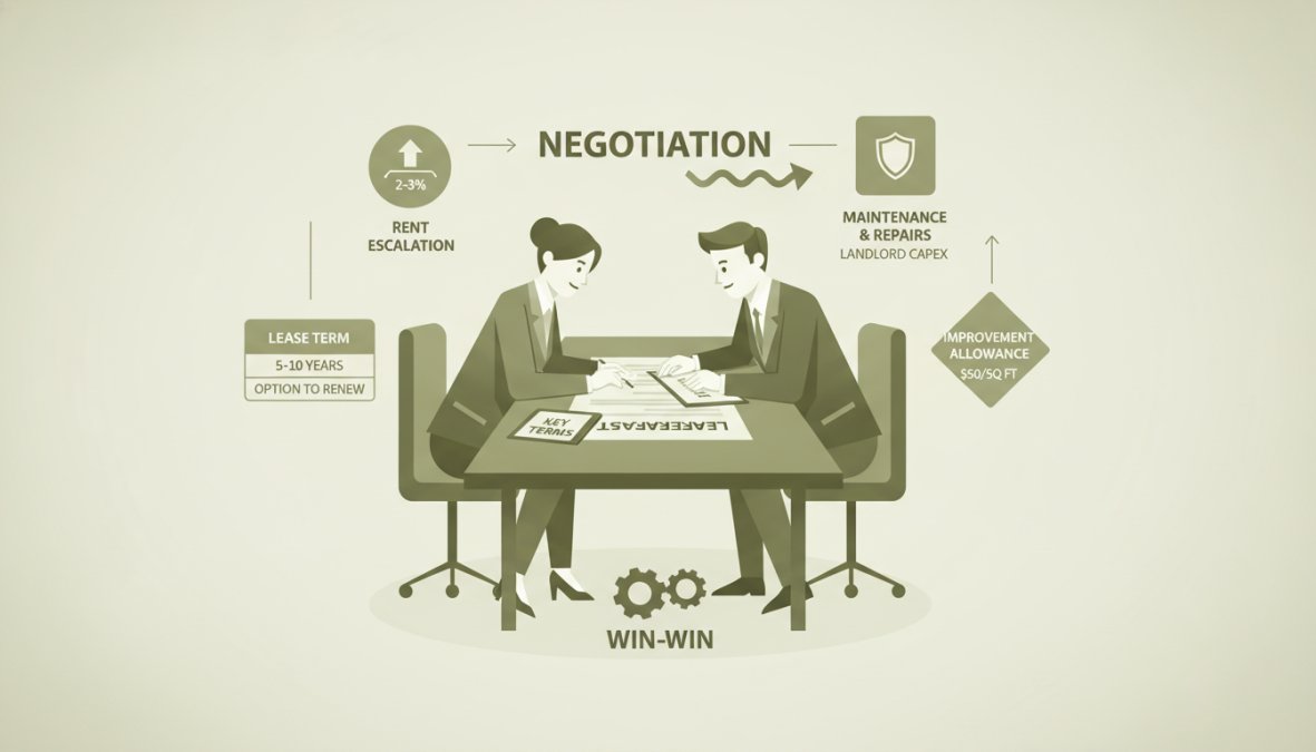 Two business professionals in business attire sitting at a conference table reviewing a commercial lease document with a pen and notepad, discussing lease terms in a modern office setting with natural light from large windows