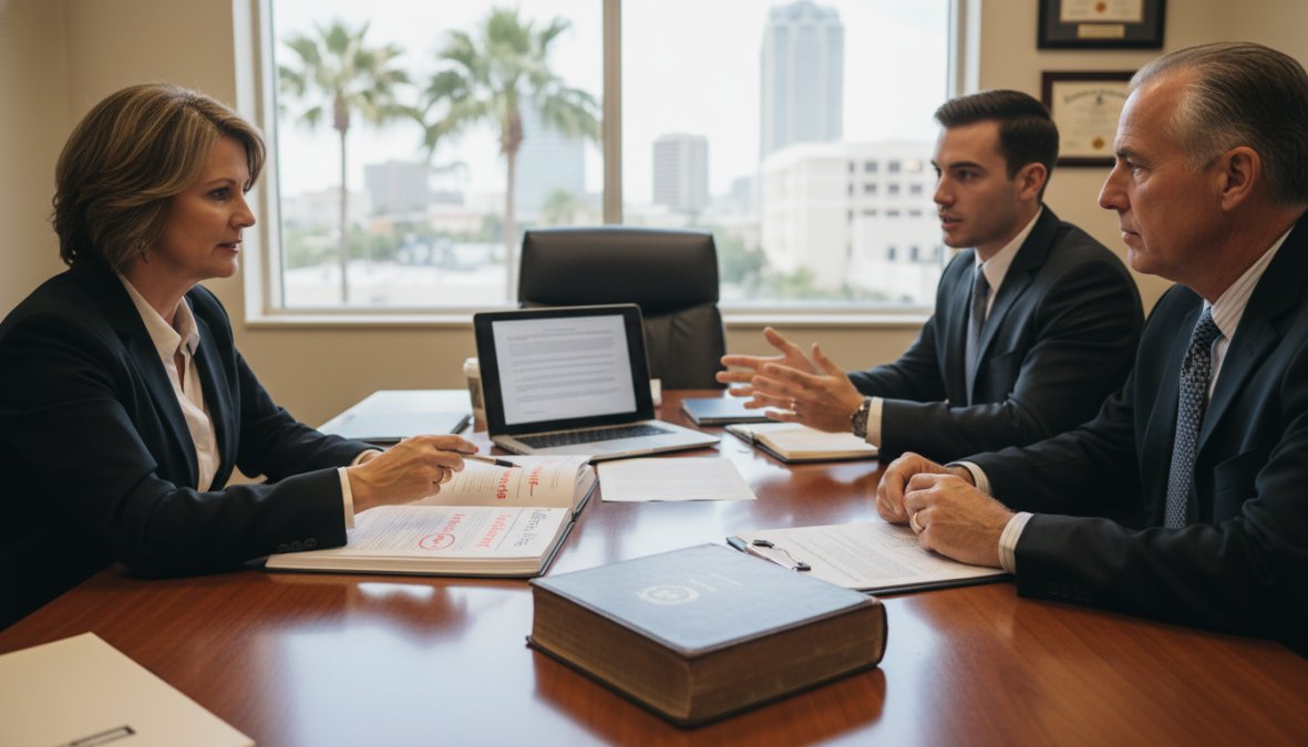 A [Florida business](/florida-business-litigation-attorney-cost/) owner and attorney reviewing a contract document together at a desk, with a laptop and legal notepad visible in a professional office setting