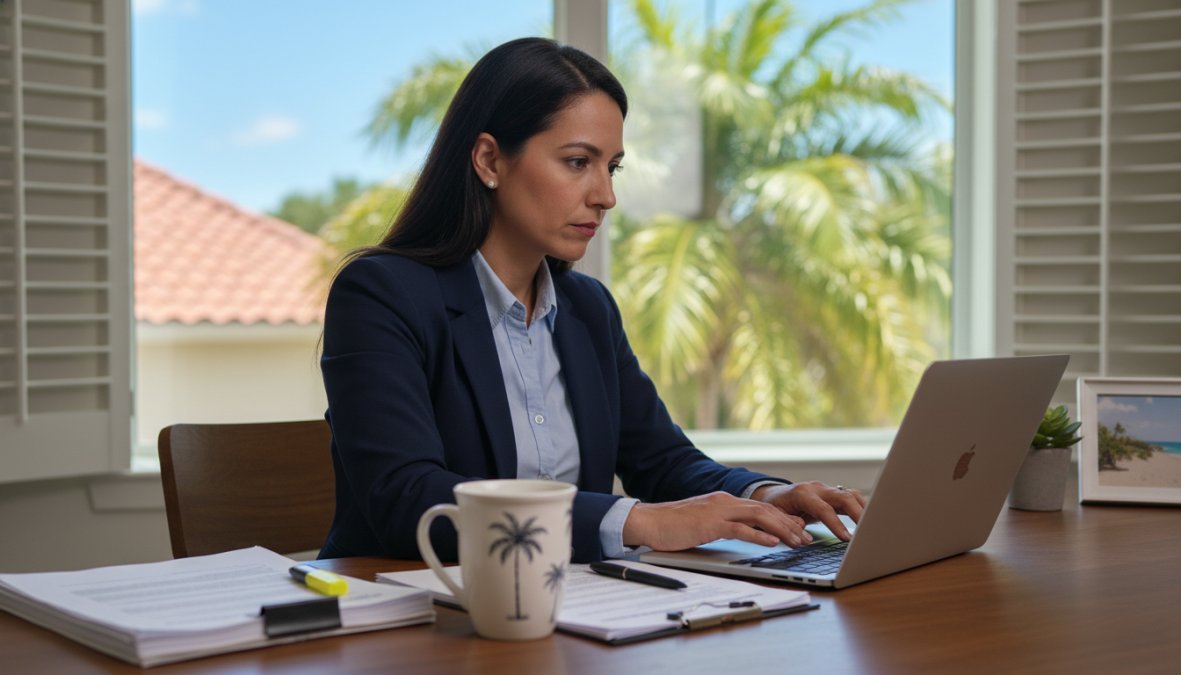 An HR professional reviewing a printed employment contract checklist at a modern office desk, pen in hand, with a coffee cup and laptop nearby in a well-lit contemporary office