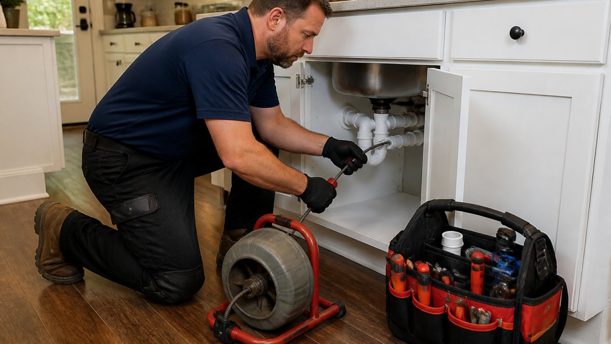 A licensed plumber in work uniform kneeling beside a kitchen sink with a drain snake, toolbox open on the floor, bright home kitchen setting