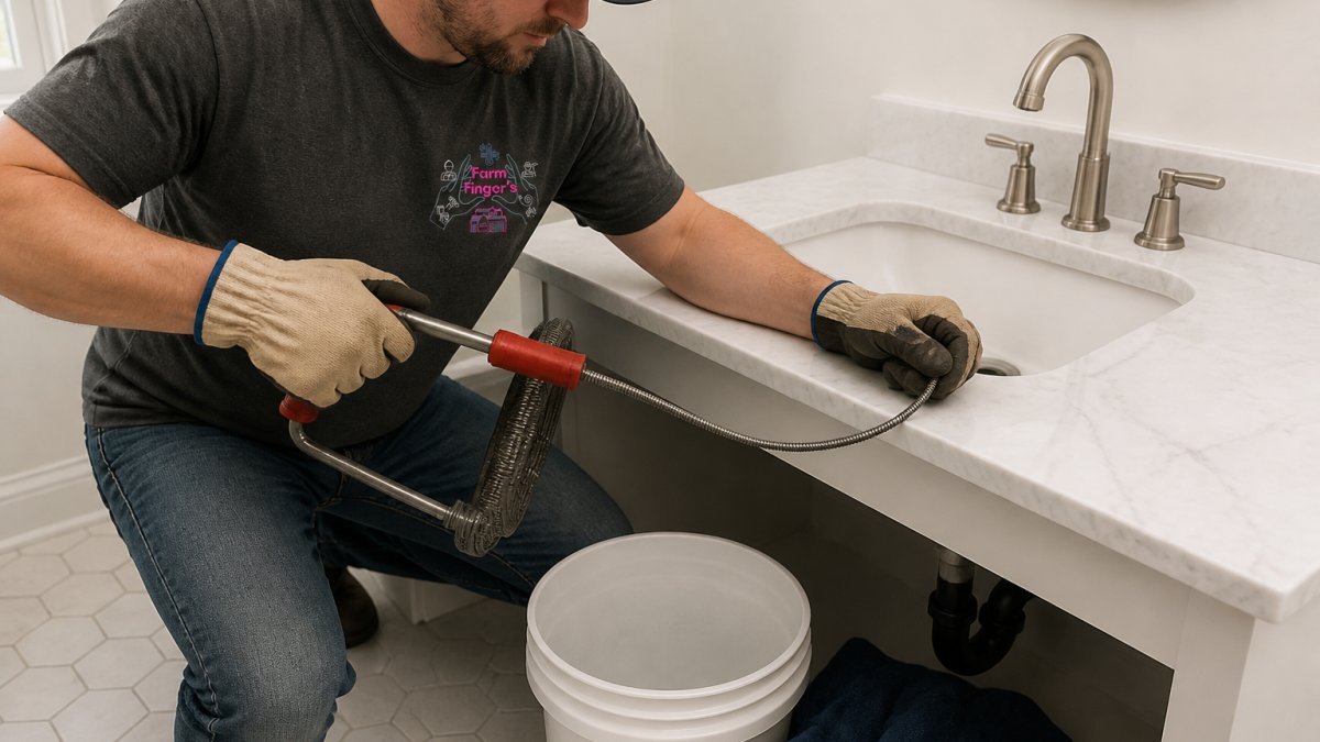 A homeowner wearing work gloves feeding a manual drain snake into a bathroom sink drain, with a bucket and towel on the floor nearby