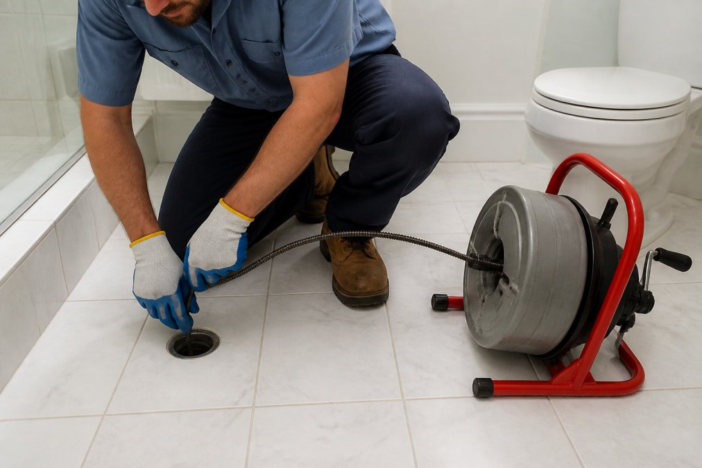A licensed plumber in work gloves feeding a flexible steel cable into a bathroom floor drain, a hand-crank drum auger resting on the white tile floor beside them, under bright bathroom lighting