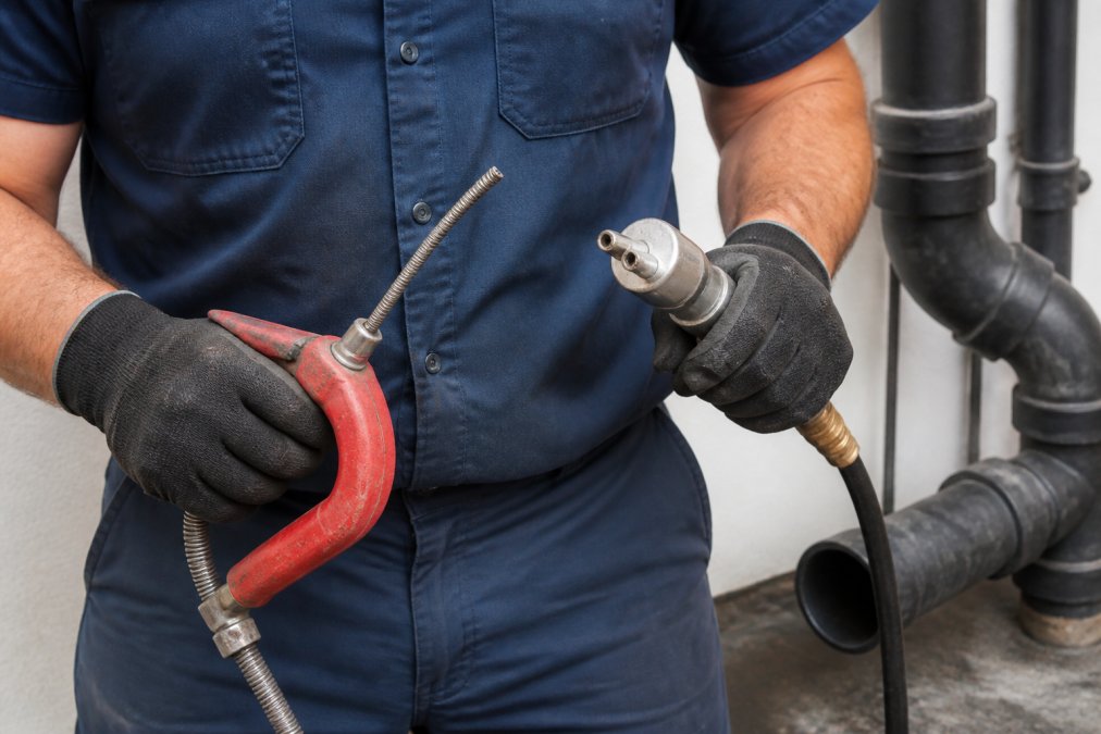 Professional plumber's hands holding a drain auger and high-pressure water jetting nozzle side by side, with visible drainage pipes and pipe fittings in the background under bright workshop lighting