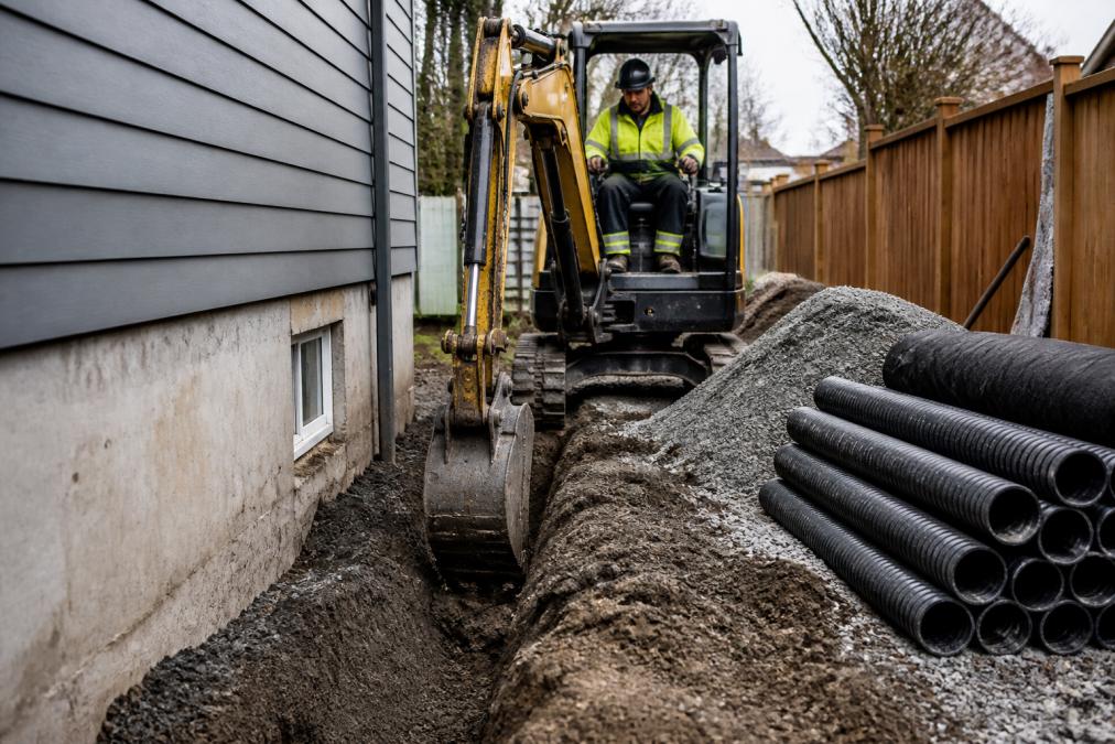 Contractor using an excavator for drain tile installation cost 2026 project prep near a home foundation