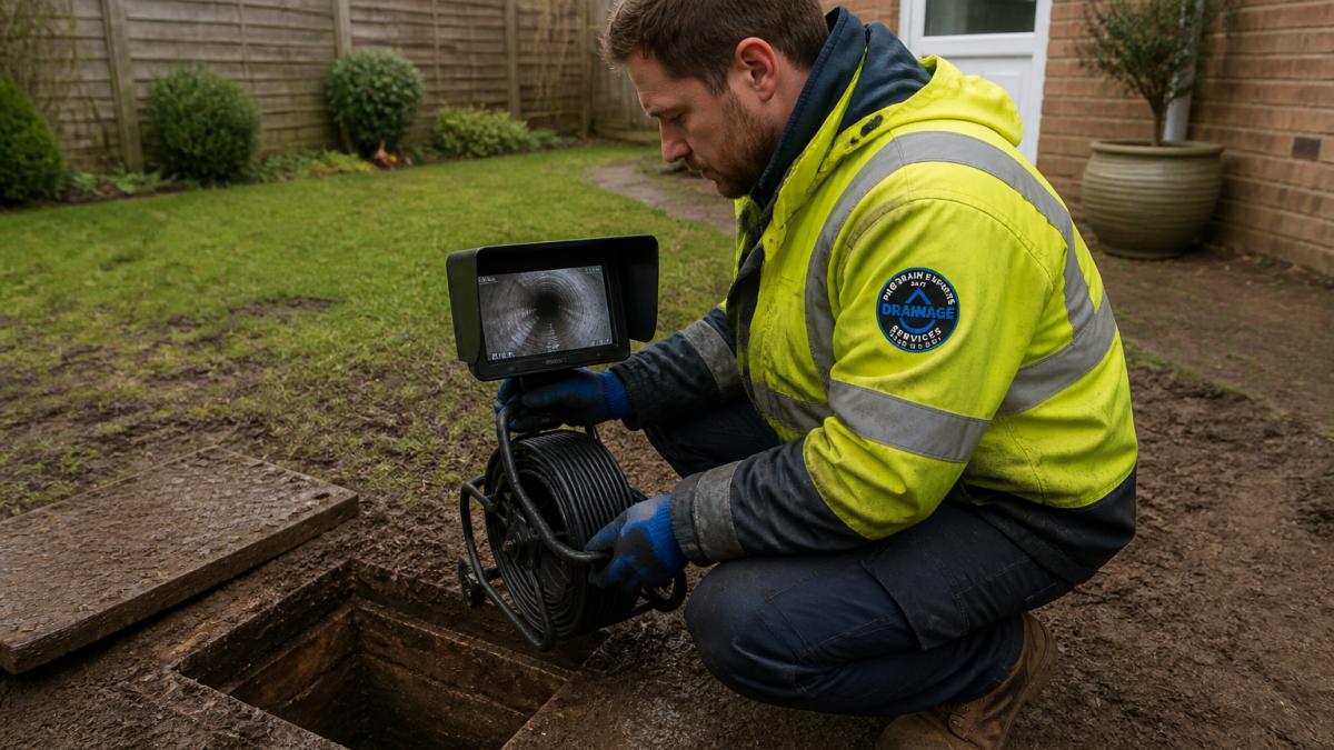 A drainage engineer in a high-vis jacket crouching beside an open drain in a residential garden in Ringmer, holding a CCTV camera reel and monitor showing a live pipe inspection feed, soft overcast daylight