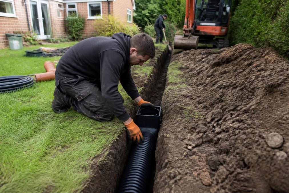Professional installing drainage pipes in excavated garden trench with equipment visible, workers in background, natural daylight