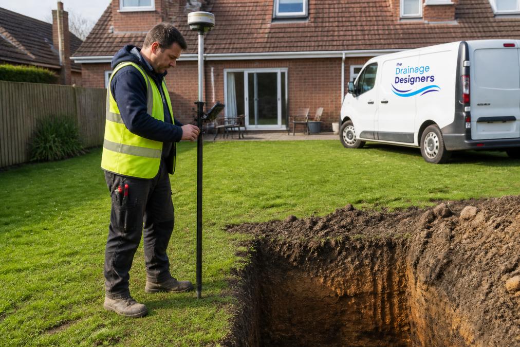 Professional surveyor measuring ground levels with GPS equipment and examining soil exposure in trial pit on residential property