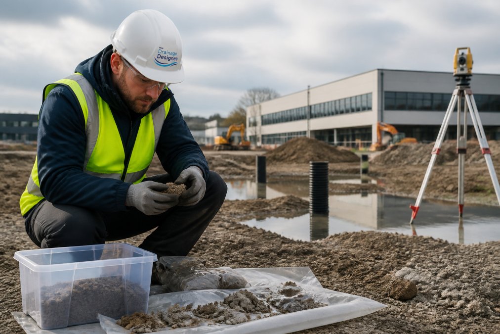 Surveyor examining soil samples at a commercial property drainage design site with equipment in the background