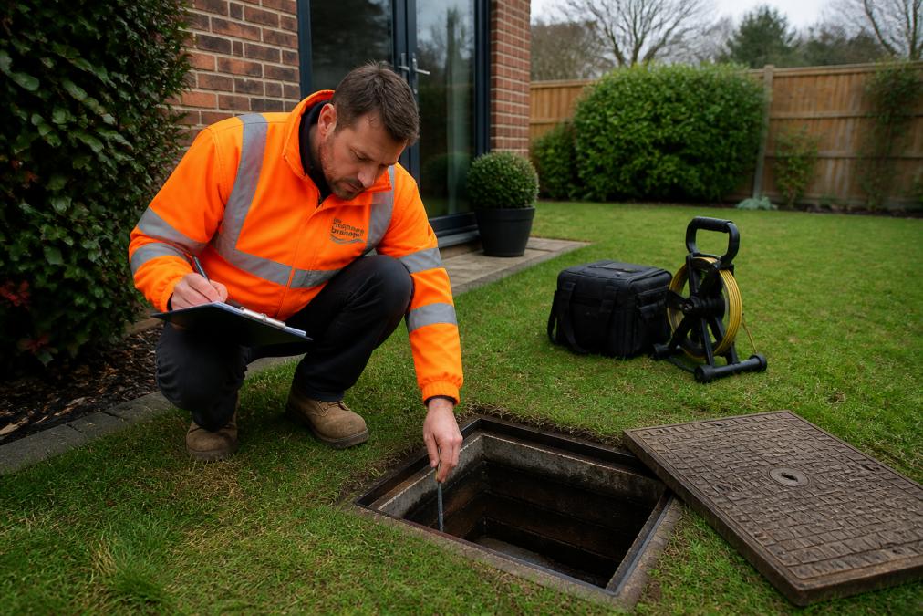 Drainage engineer inspecting a residential inspection chamber as part of a professional drainage design survey
